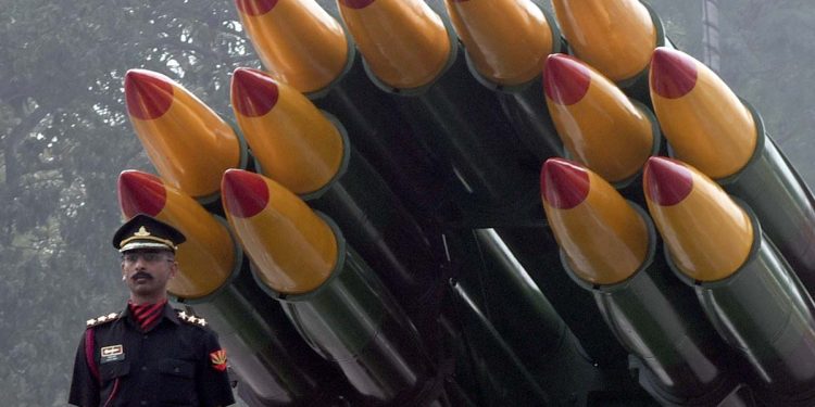 Soldiers stand on  launcher vehicle with missiles take part the Republic Day parade in Kolkata on January 26, 2022. (Photo by Debajyoti Chakraborty/NurPhoto via Getty Images)