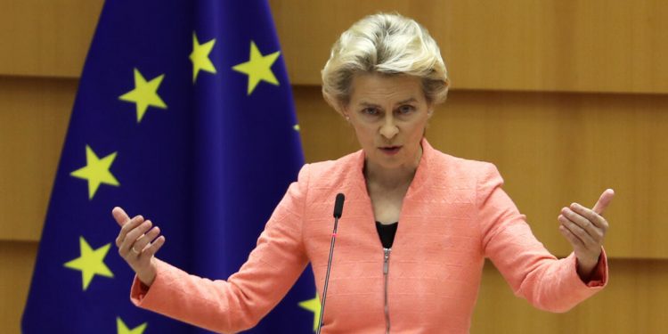 European Commission President Ursula von der Leyen addresses her first State of the European Union speech during a plenary session of the European Parliament as the coronavirus disease (COVID-19) outbreak continues, in Brussels, Belgium September 16, 2020. REUTERS/Yves Herman - RC2JZI9TDAT4