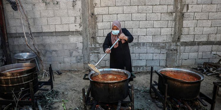 WFP Palestine has partnered with women-led cooperatives and NGO Rebuilding Alliance in Gaza to prepare hot meals that are distributed to internally displaced people in UN shelters and across distribution points. WFP provides them with food (chickpeas, salt, wheat flour and other as requested) and they prepare the food. The cooking is done using wood and without cooking stoves due to the lack of gas.