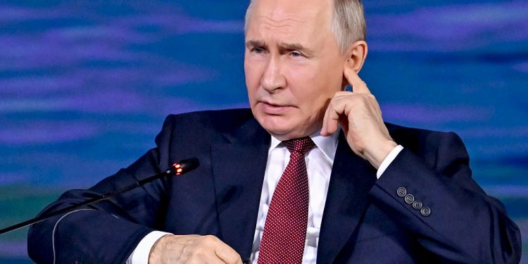 SAINT PETERSBURG, RUSSIA - JUNE 20: Russian President Vladimir Putin attends the main session of the St. Petersburg International Economic Forum (SPIEF) and made evaluations on the issues on the agenda in St. Petersburg, Russia on June 20, 2025. (Photo by Sefa Karacan/Anadolu via Getty Images)