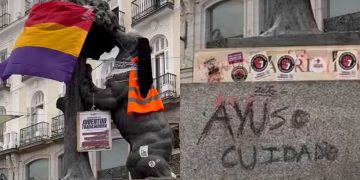 Vandalizan el Oso y el Madroño en la Puerta del Sol con símbolos anarquistas y mensajes contra Ayuso