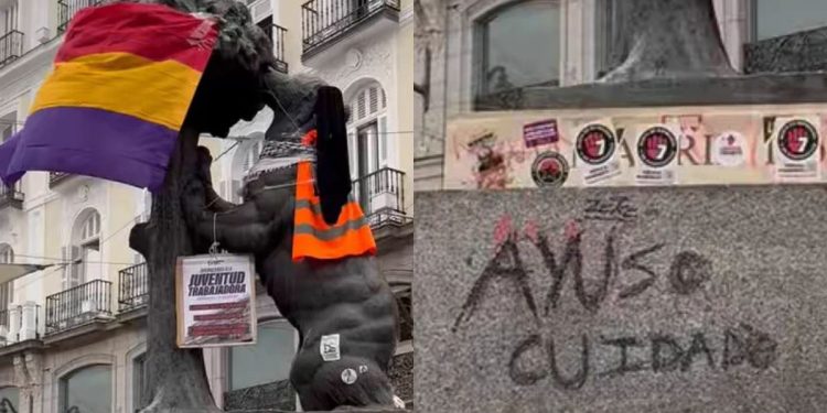 Vandalizan el Oso y el Madroño en la Puerta del Sol con símbolos anarquistas y mensajes contra Ayuso